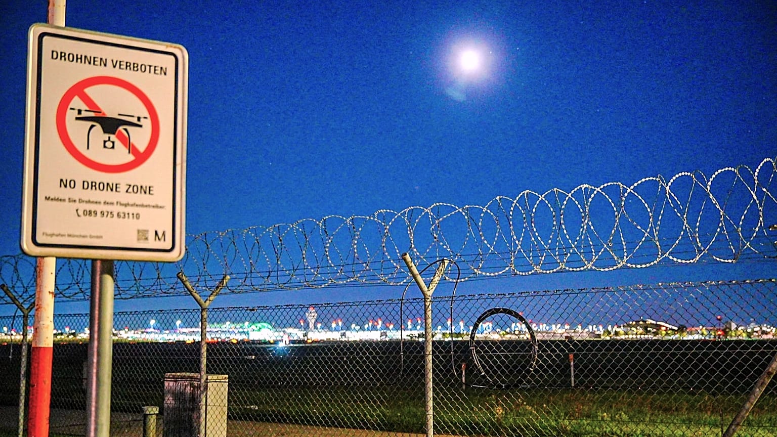 A sign prohibiting drones is seen at the Munich Airport on Friday, Oct. 3, 2025. (