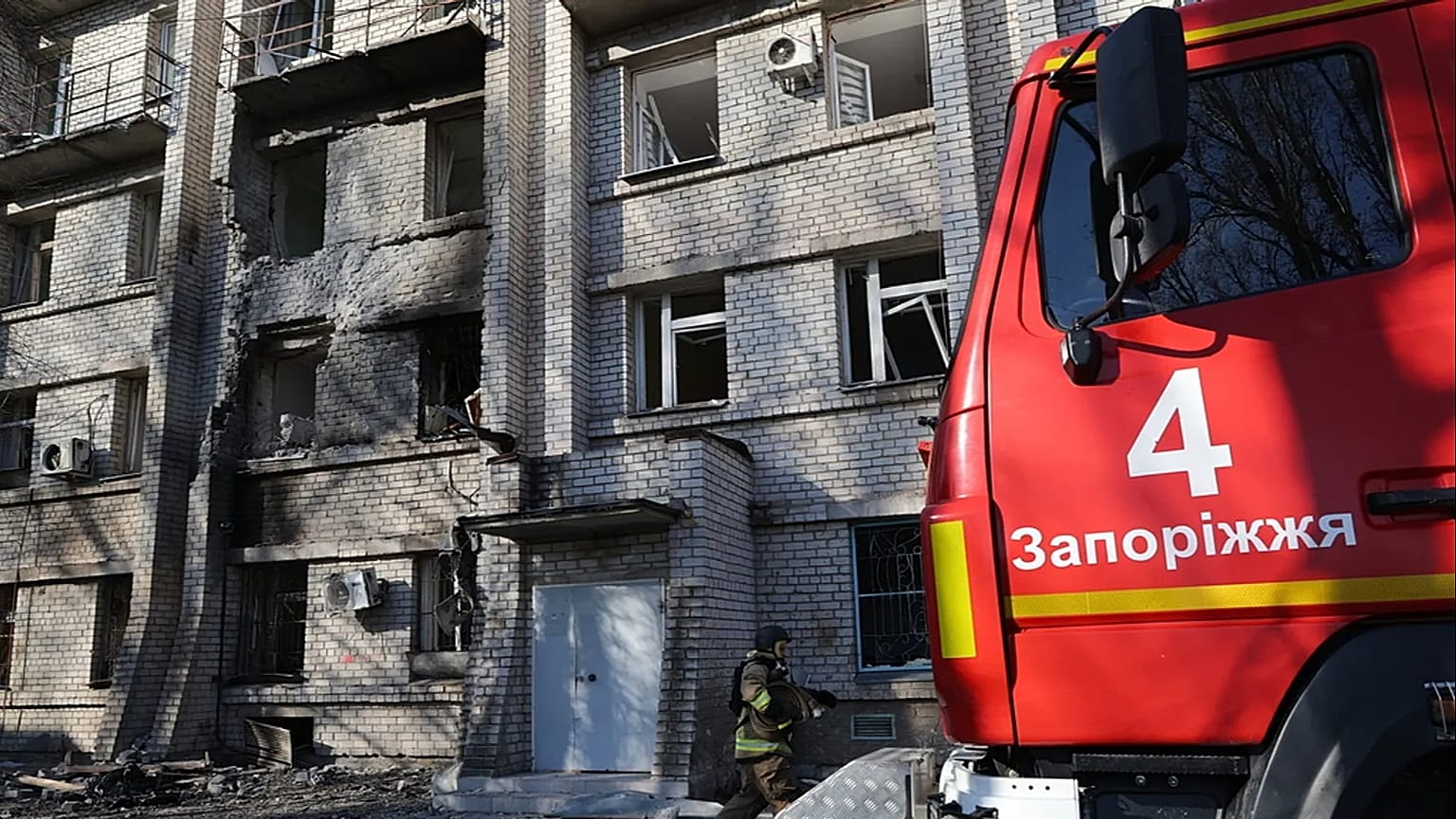 Emergency services work at the site after a Russian drone hit a city maternity hospital in Zaporizhzhia, Ukraine, Sunday, Feb. 1, 2026. (AP Photo/Kateryna Klochko)