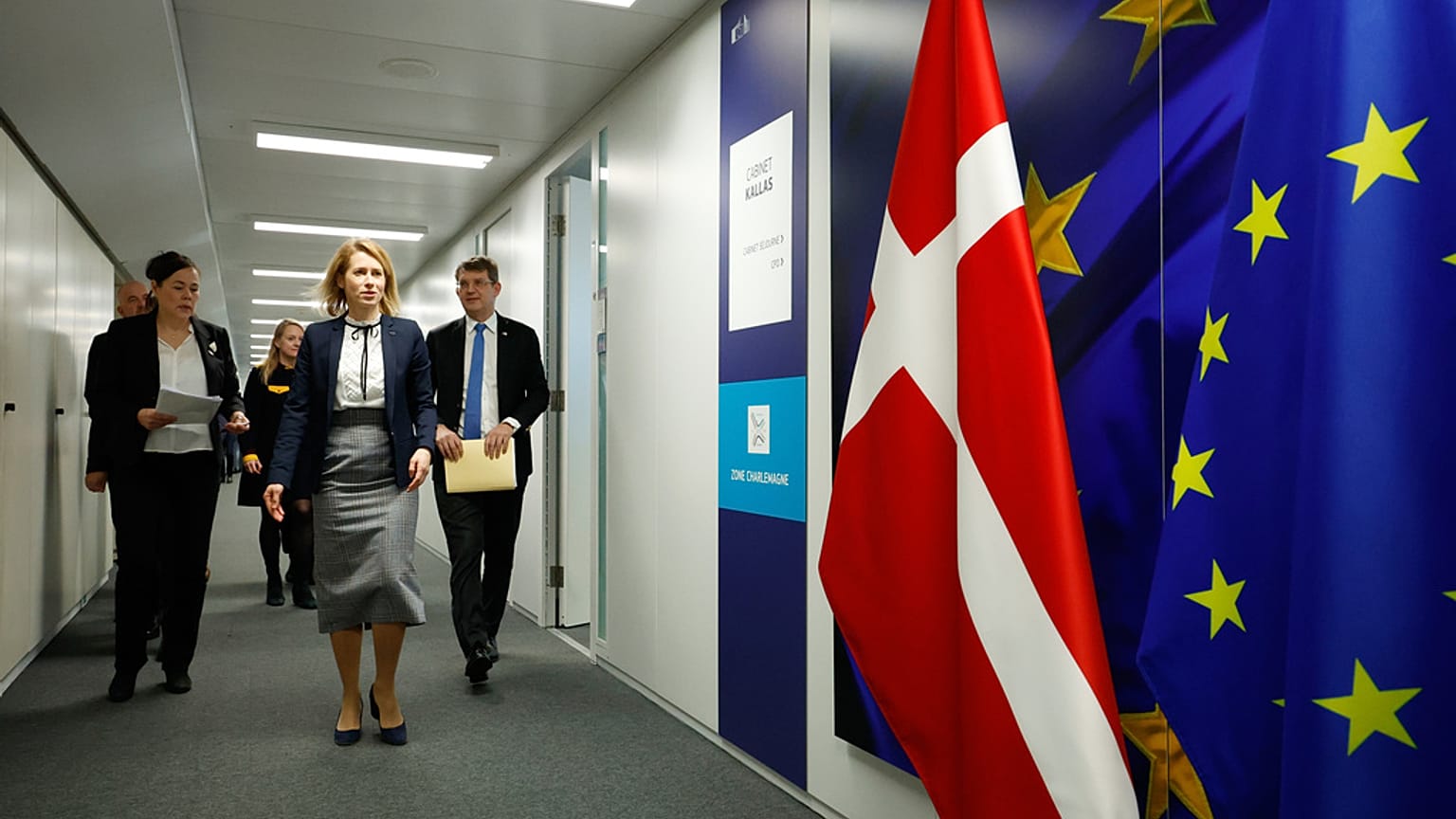 EU foreign policy chief Kaja Kallas pictured in Brussels with Denmark’s Foreign Minister Vivian Motzfeldt and Defense Minister Troels Lund Poulsen. 19 January 2026