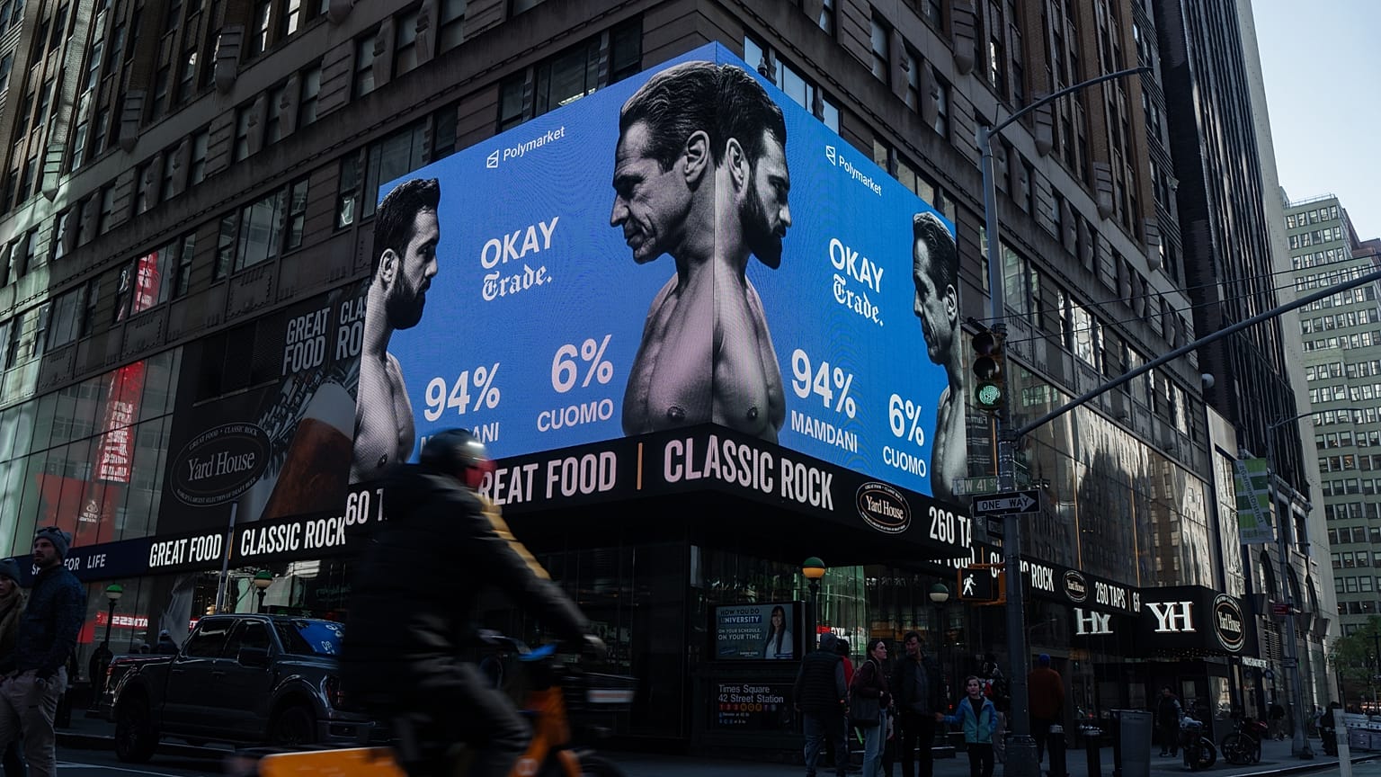 Advertisement by the American company Polymarket predicting a victory for Zohran Mamdani in the NYC mayoral election, November 2025.