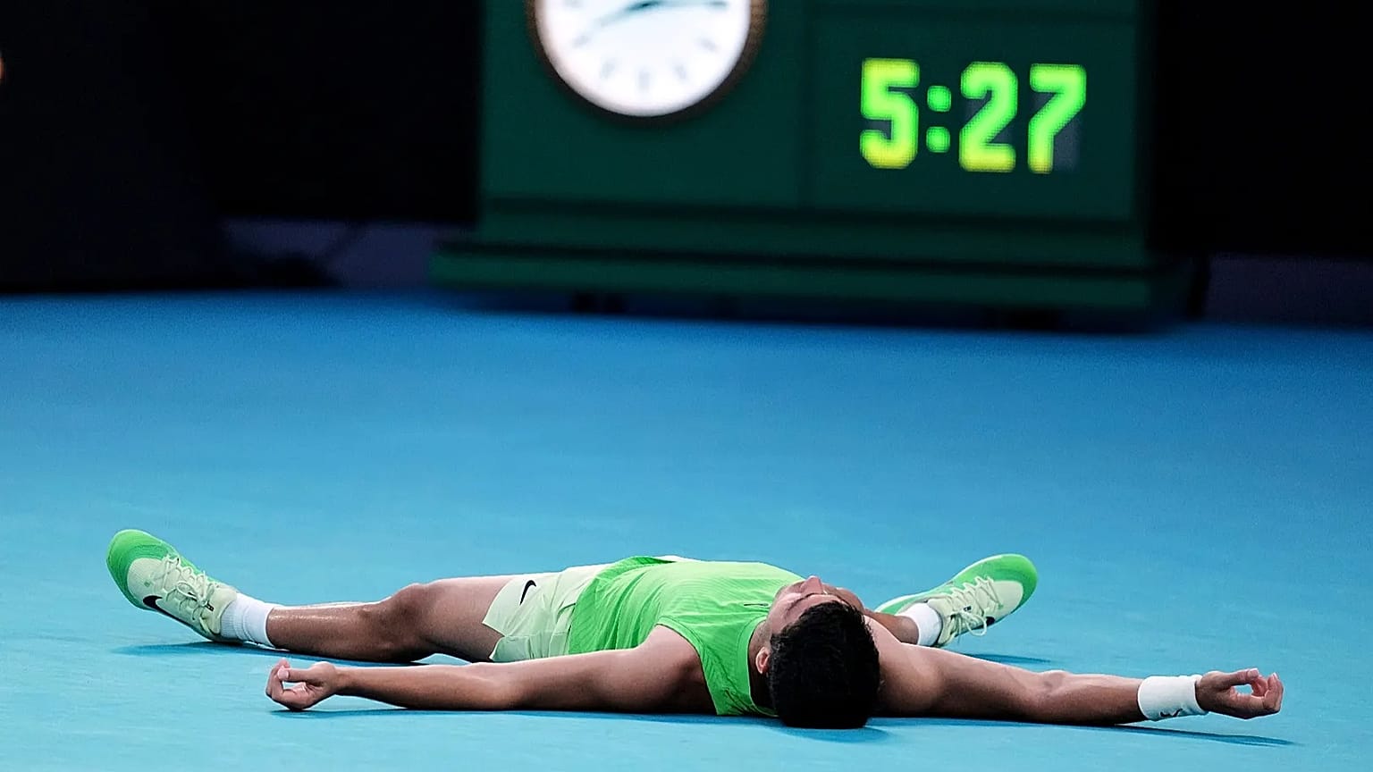 Carlos Alcaraz of Spain celebrates after defeating Alexander Zverev of Germany in their semifinal match at the Australian Open in Melbourne, Australia, Friday, Jan. 30, 2026