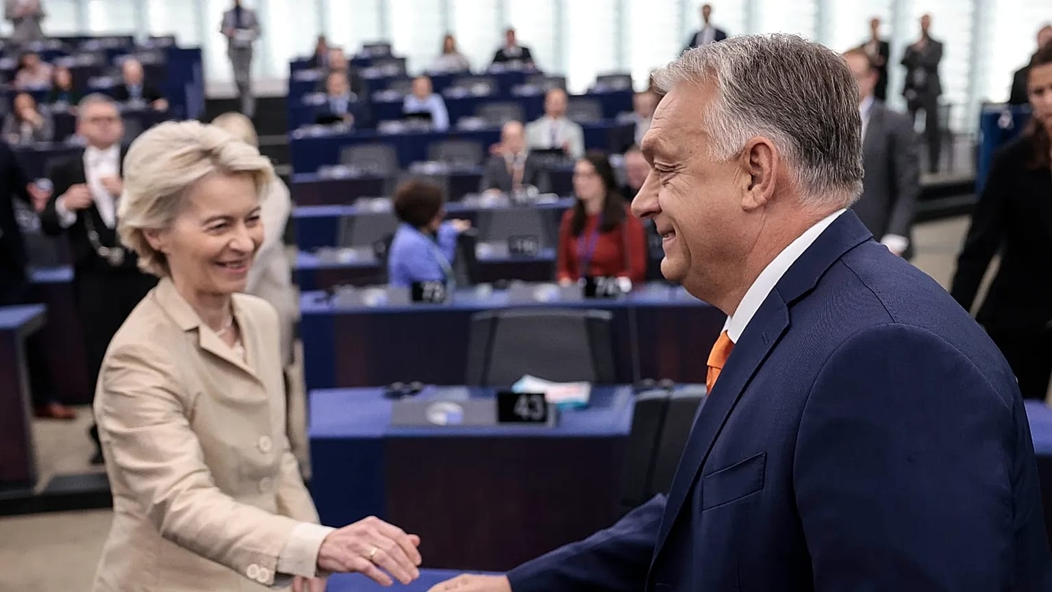 European Commission President Ursula Von der Leyen shakes hands with Hungarian Prime Minister Viktor Orbán at the European parliament in Strasbourg.