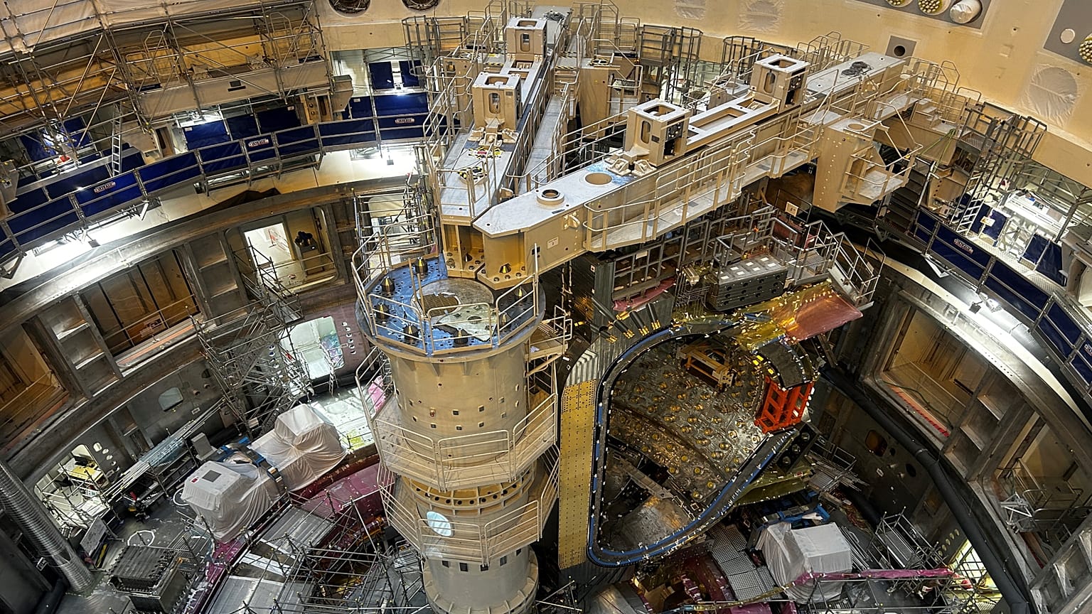 The International Thermonuclear Experimental Reactor Tokamak pit with the two vacuum vessel sector modules installed. 