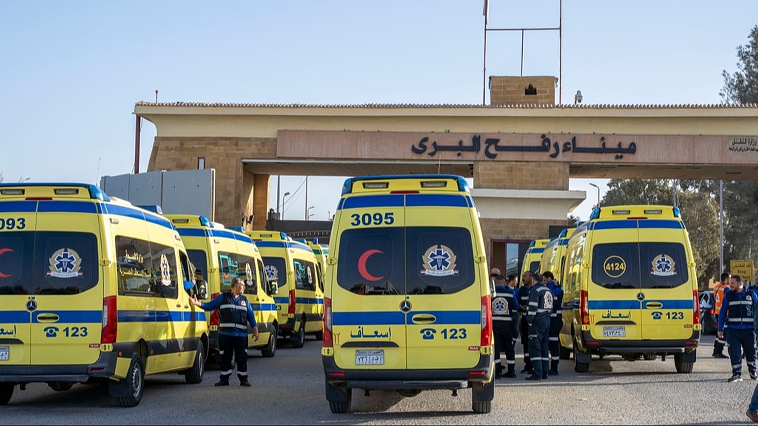 Ambulances line up to enter the Egyptian gate of the Rafah crossing on the way to the Gaza Strip, in Rafah, Egypt, Sunday, Feb. 1, 2026