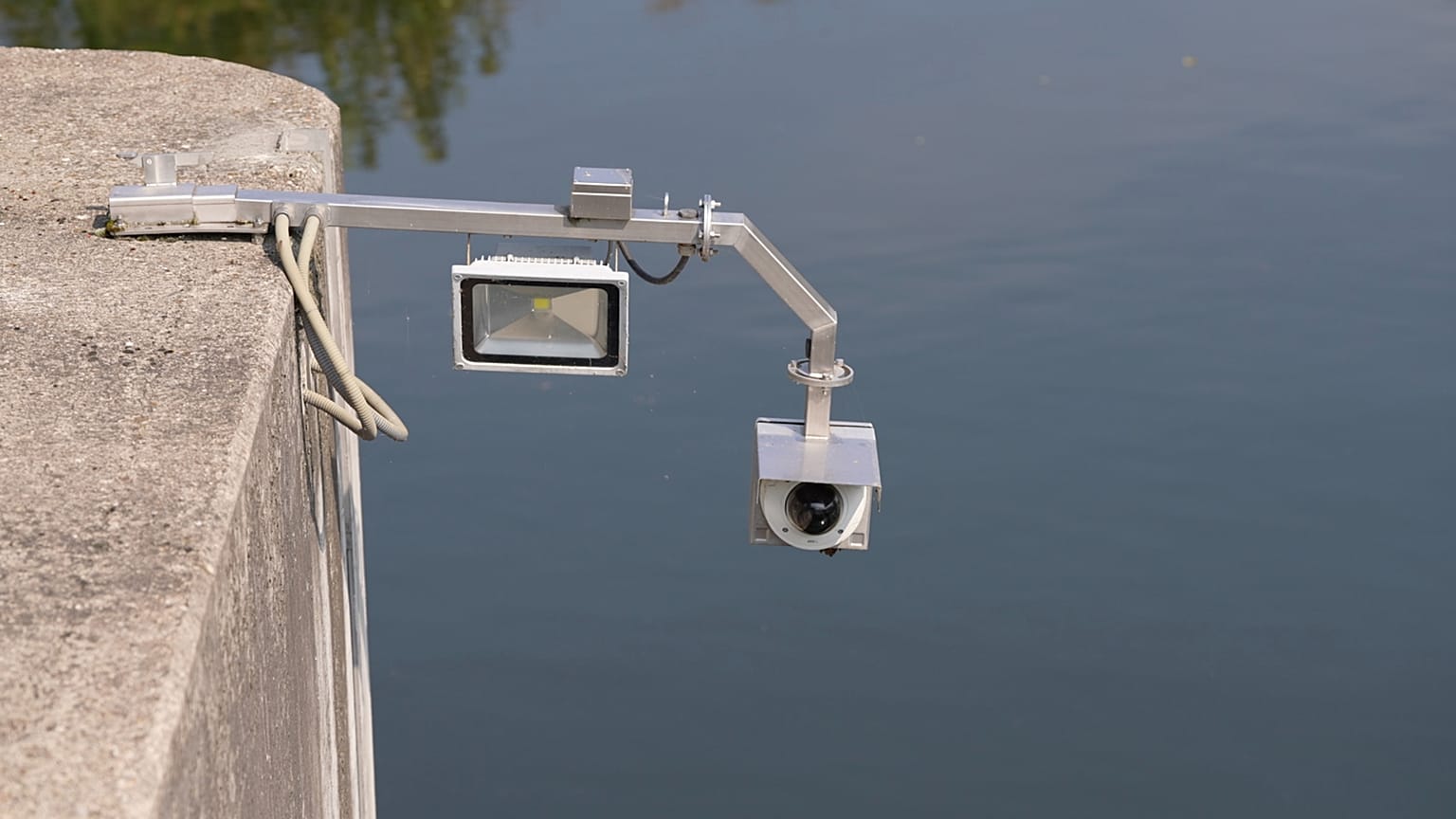Close-up of a camera and sensors on the dam