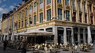 FILE. A view of a restaurant terraces ready to open in Lille, northern France. 18 May 2021.