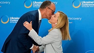 German Chancellor Friedrich Merz is welcomed by Italian Premier Giorgia Meloni during the Ukraine Recovery Conference in Rome, 10 July, 2025