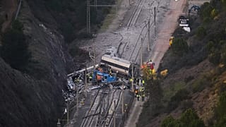 View of the site of a train collision in Adamuz, southern Spain, Tuesday, Jan. 20, 2026.