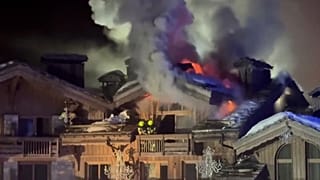 Firefighters extinguishing a fire at the luxury Grandes Alpes hotel in Courchevel, France, Jan. 28, 2026.