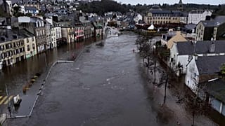 In Quimperlé, France, the Laïta River is at an extreme level, flooding roads and homes, Jan. 23, 2026