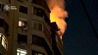 Fire in Kyiv on the top floor of a high-rise building triggered by Russian night-time attacks