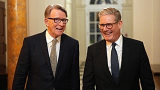FILE: UK Prime Minister Keir Starmer talks with Britain's ambassador to the US Peter Mandelson during a welcome reception at his residence in Washington. 26 February 2025 