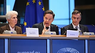 NATO Secretary General Mark Rutte, center, addresses the Security and Defence Committee at the European Parliament in Brussels.