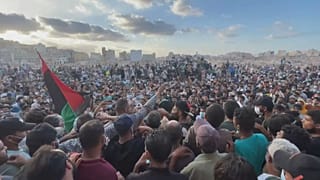 Protesters gathered outside the al-Shabana mosque in central Derna, in a show of anger against authorities, Sep 18, 2023  