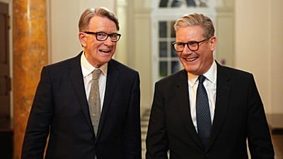 FILE: UK Prime Minister Keir Starmer talks with Britain's ambassador to the US Peter Mandelson during a welcome reception at his residence in Washington. 26 February 2025 