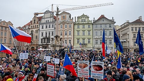 People gather in support of Czech President Petr Pavel at the Old Town Square in Prague, Czech Republic, Sunday, Feb. 1, 2026