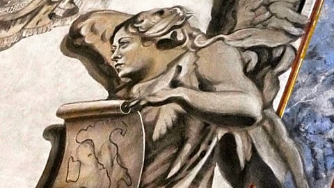 A detail of a restored chapel with Angels depicted on a fresco to the memory of late Italy's King Umberto II inside the Basilica of St. Lawrence in Lucina in Rome, Feb 1, 2026
