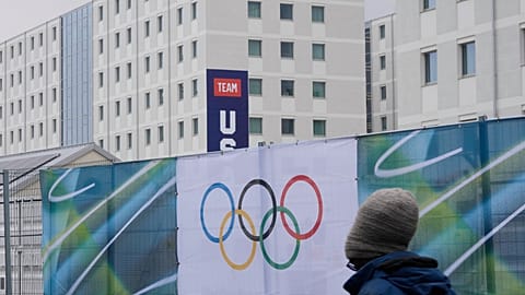 A partial view of Team USA banner, at the Olympic Village, in Milan, Italy, Thursday, Jan. 29, 2026.