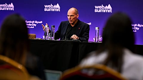 Yanis Varoufakis, economist and former Greek finance minister, speaks in a press conference during day one of Web Summit Qatar 2026 in Doha, 2 February 2026